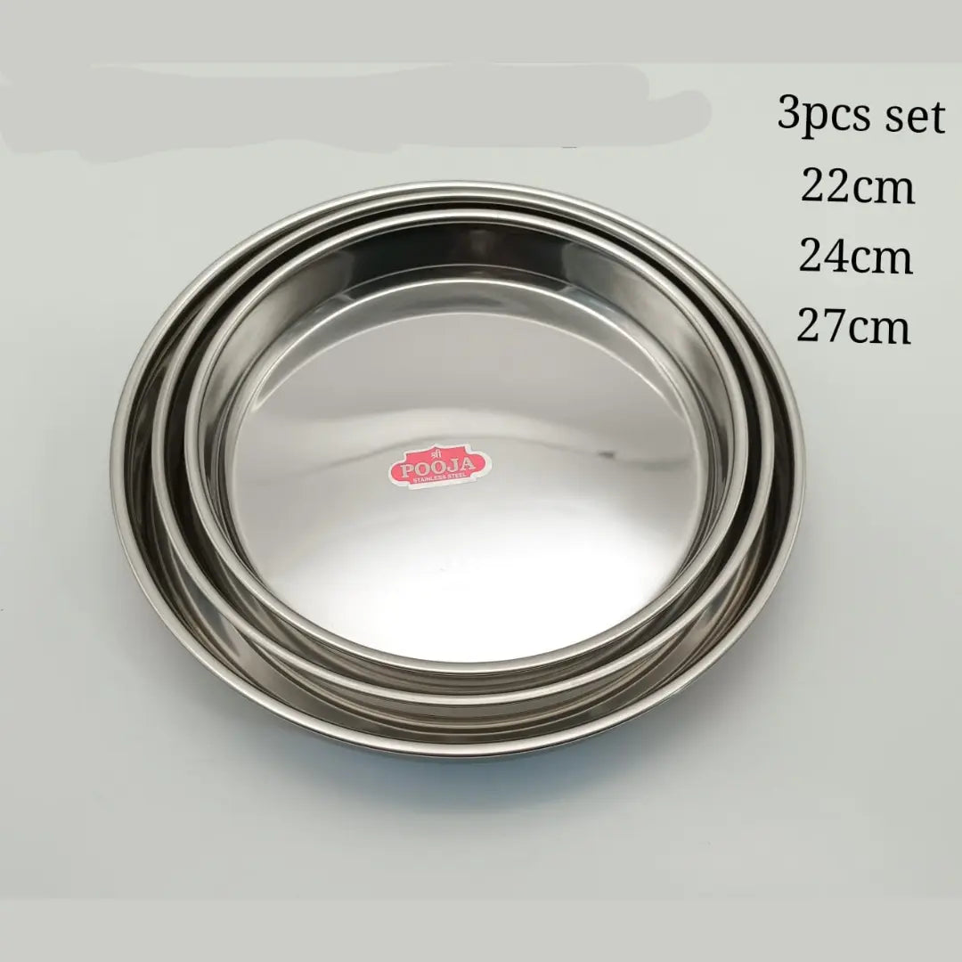 Pooja Stainless Steel Plate Set – 3pcs (22cm, 24cm, 27cm)