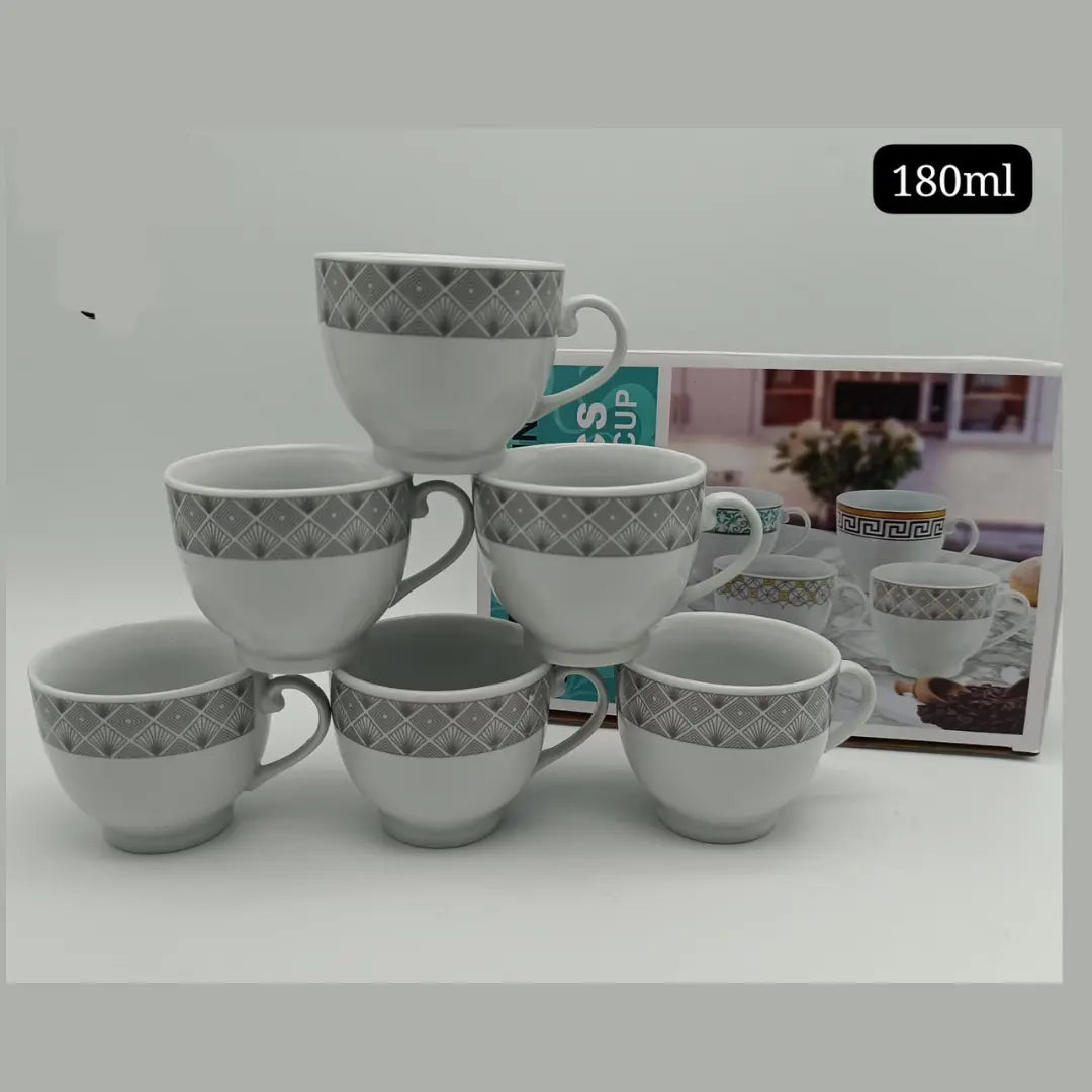 Premium Ceramic Tea Cup Set 6pcs – 180ml Stylish Grey Design