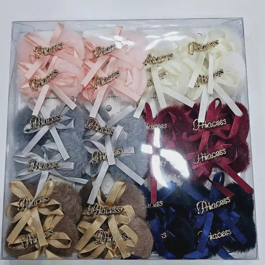 Princess Fur Ribbon Bow Hair Clips – 12pcs Multi-Colour Set | Girls Hair Accessories