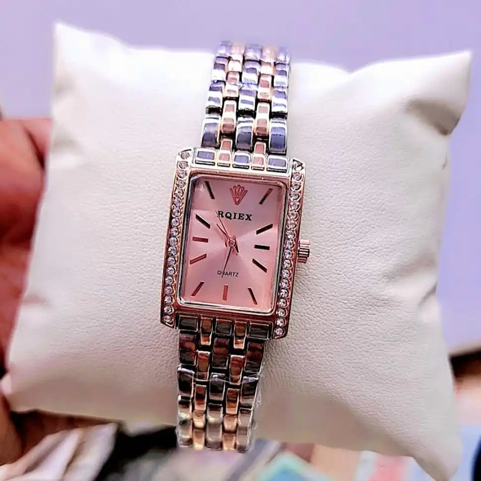 RQIEX Rectangular Quartz Wristwatch – Pink Dial, Crystal Bezel, Two-Tone Metal Band