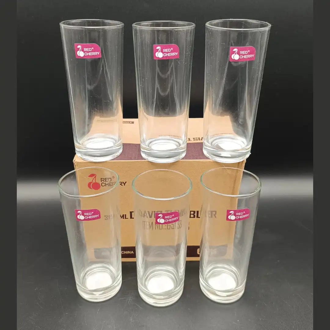 Red Cherry Glass Tumbler Set – 6pcs | 315ml Premium Tall Drinking Glasses