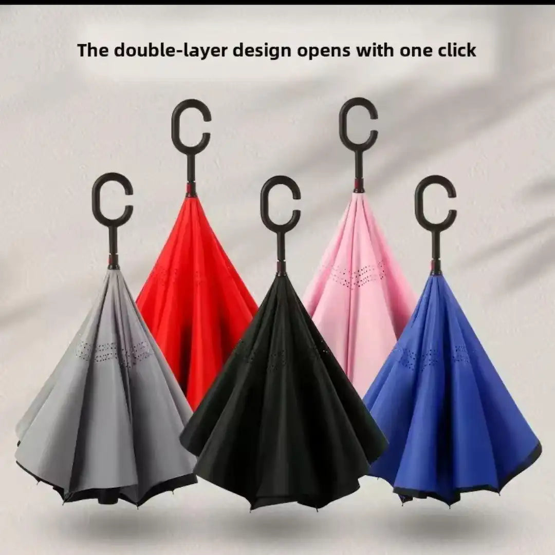 Reverse Folding C Handle Umbrella – Windproof Double Layer (Random Color)