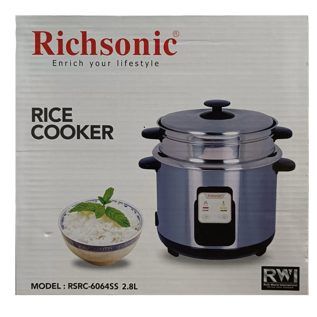 Richsonic 2.8L Rice Cooker with Steamer – Stainless Steel | Cook & Warm