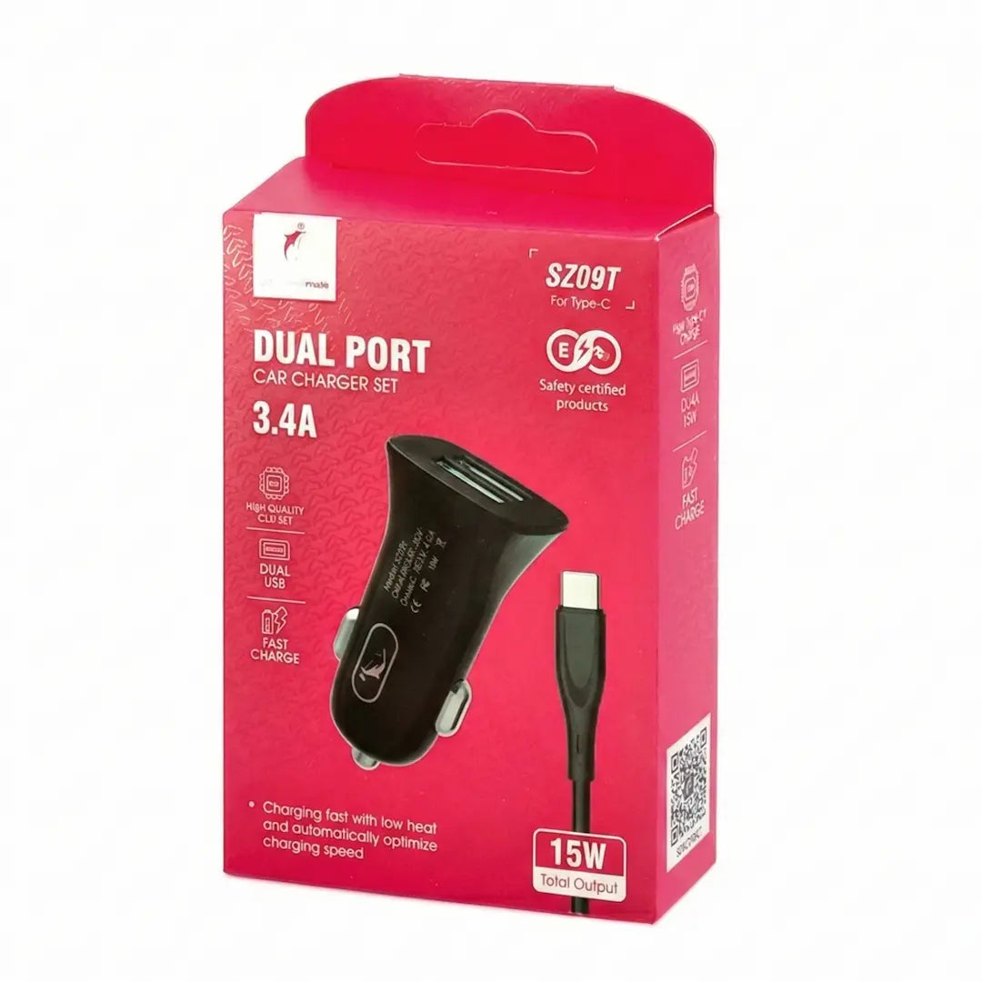 SKYDOLPHIN SZ09T Dual Port Car Charger Set – 3.4A Fast Charge (Type-C Cable)