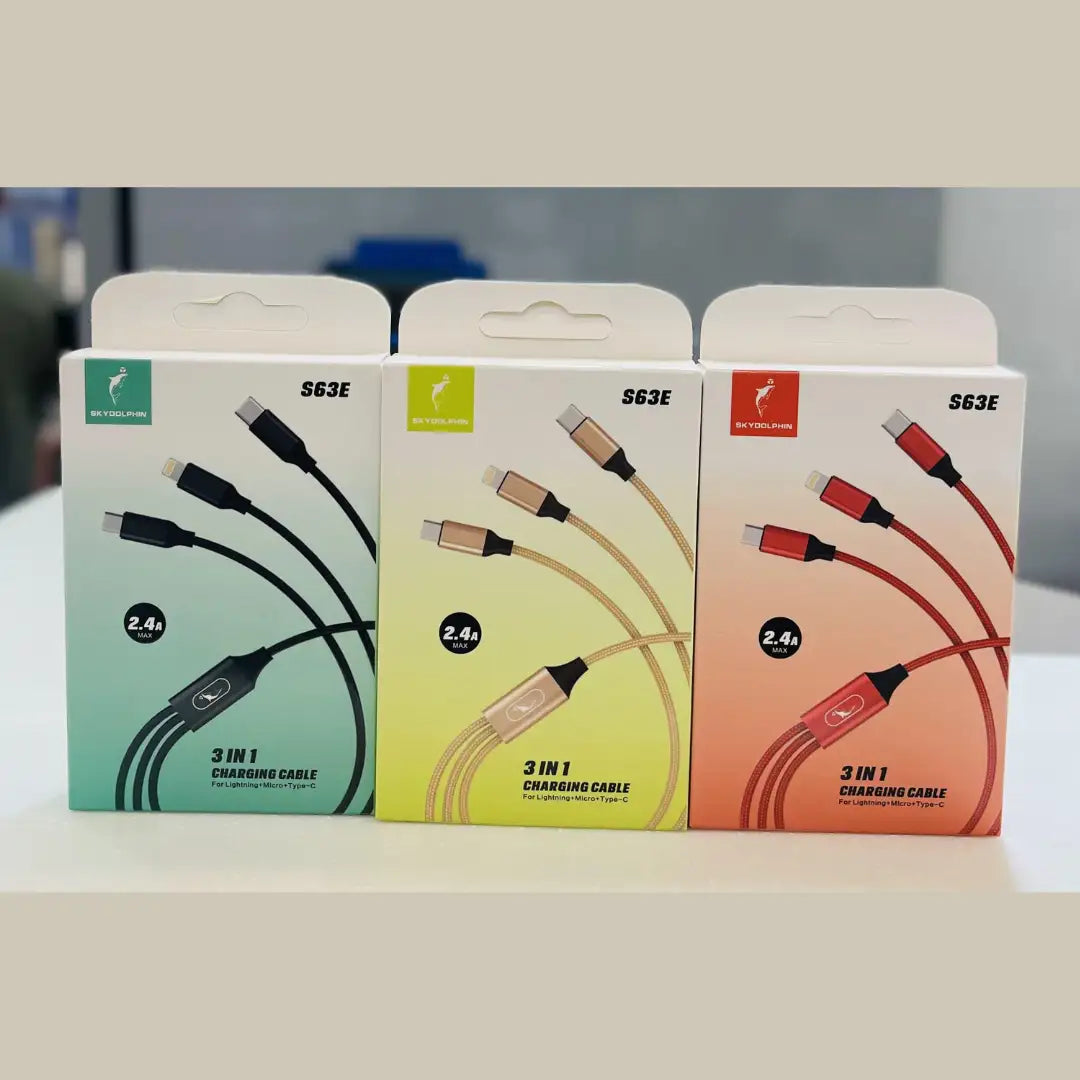 Skydolphin S63E 3-in-1 Charging Cable – 2.4A Fast Charge | Multi Connector | Random Color