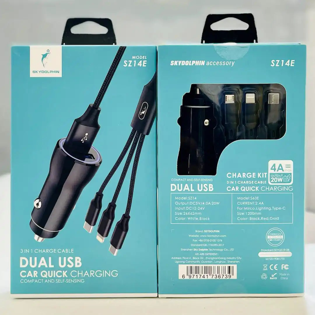 Skydolphin SZ14E 3-in-1 Dual USB Car Charger Kit – 4A Fast Charging (20W)