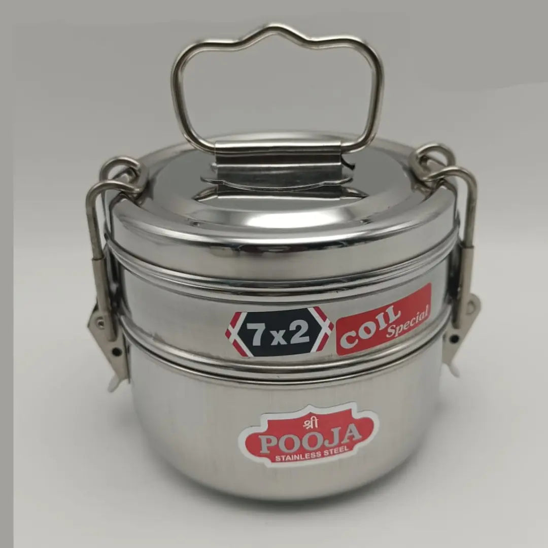 Stainless Steel 2-Tier Tiffin Carrier 7×2 – Heavy Silver (11×5cm)