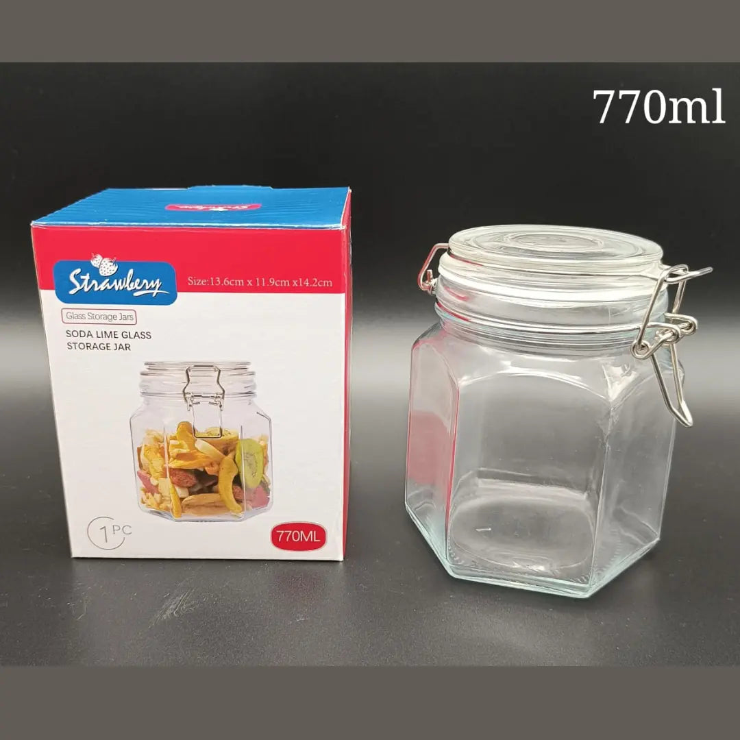 Strawberry Airtight Glass Storage Jar – Available in 770ml & 1110ml | Leak-Proof Food Container with Metal Clip Lid