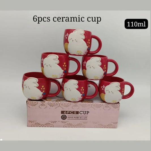 6pcs 110ml Red Ceramic Cups - Cute Bunny Design