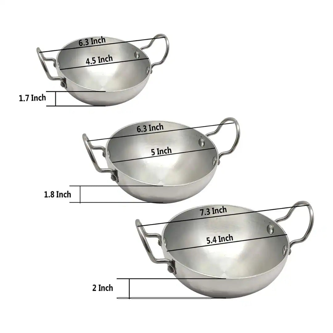 3pcs Stainless Steel Mini Kadai Set - 4.5", 5", 5.4"