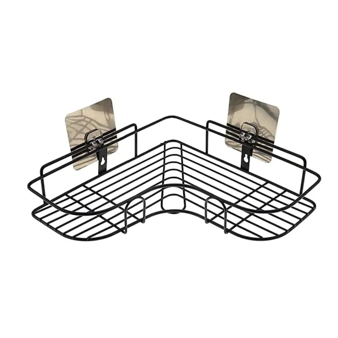 Black Corner Shelf - Space-Saving Wire Grid Design with Mounting Brackets