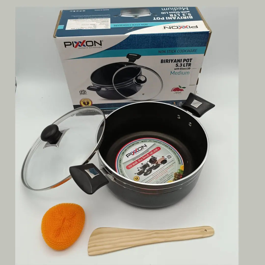 Pixxon Biryani Pot 5.3 L Non-Stick with Glass Lid