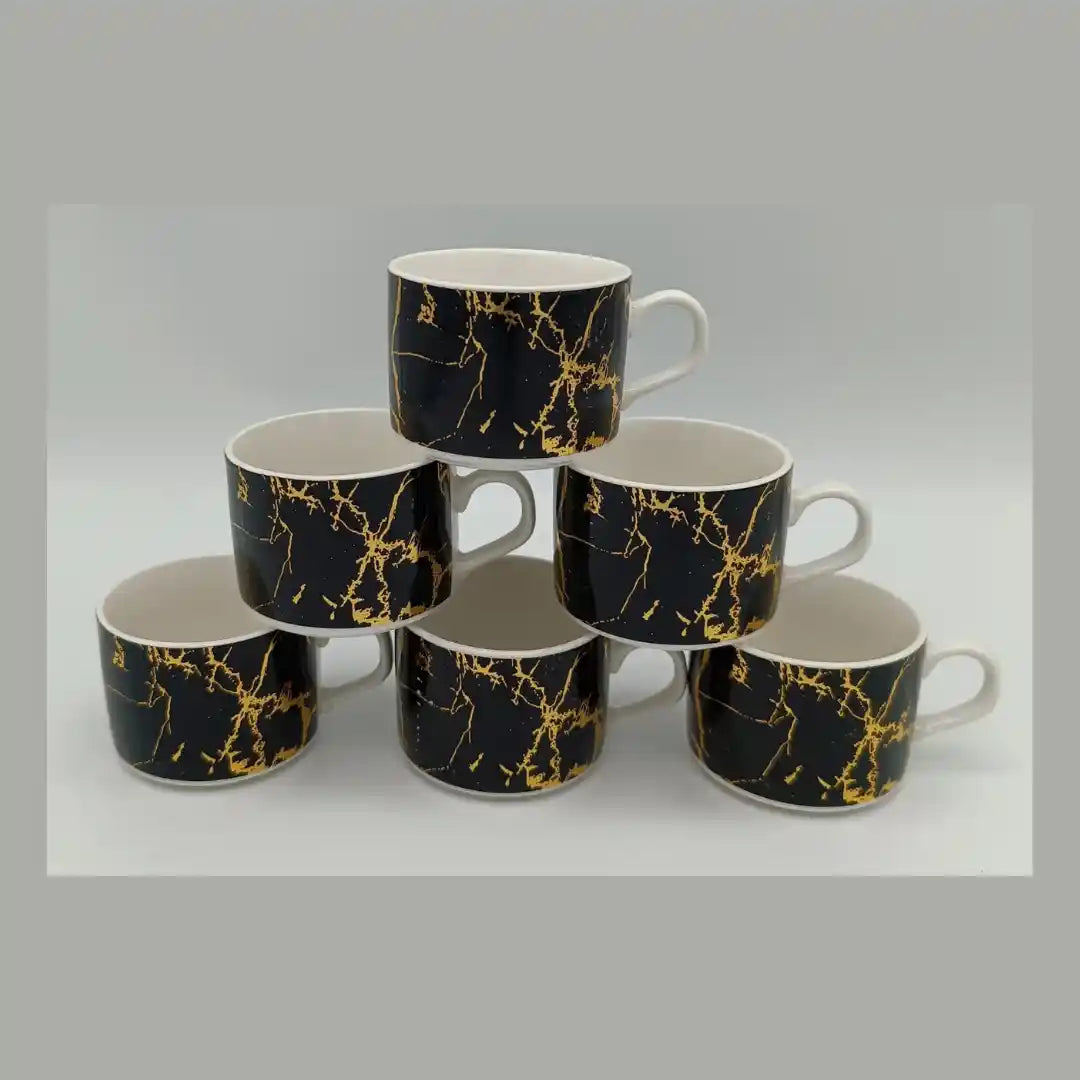 Elegant Black Ceramic Cups with Gold Marbling - 160ml (Set of 6)