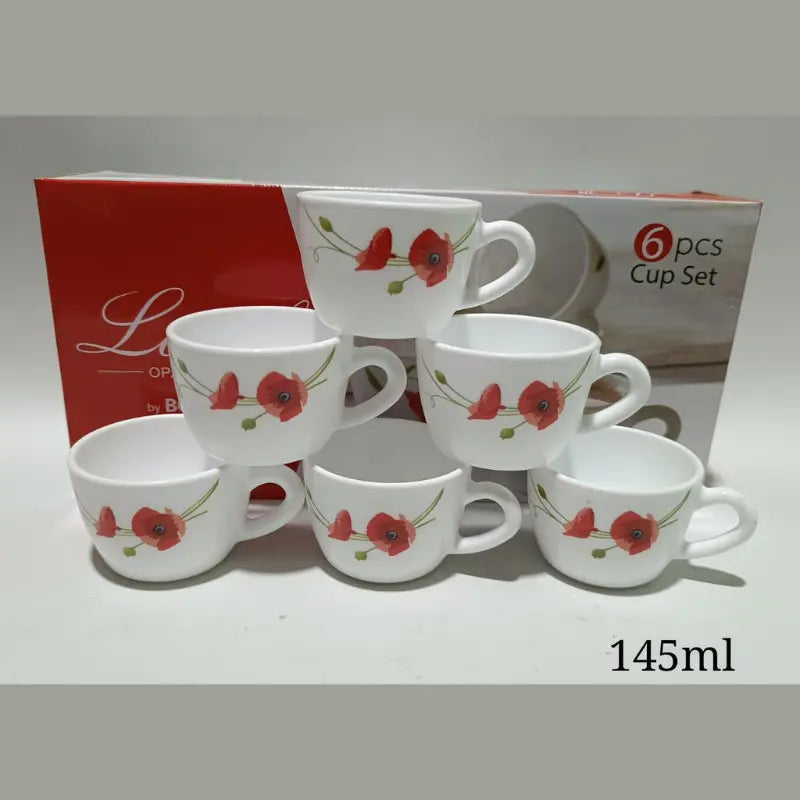 6 pcs White Cup Set with Red Floral Design - 145ml