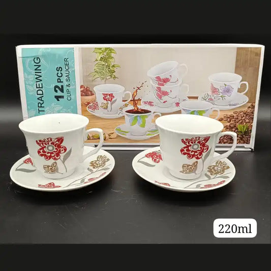 Elegant Red Floral 12-Piece Cup and Saucer Set - 220ml