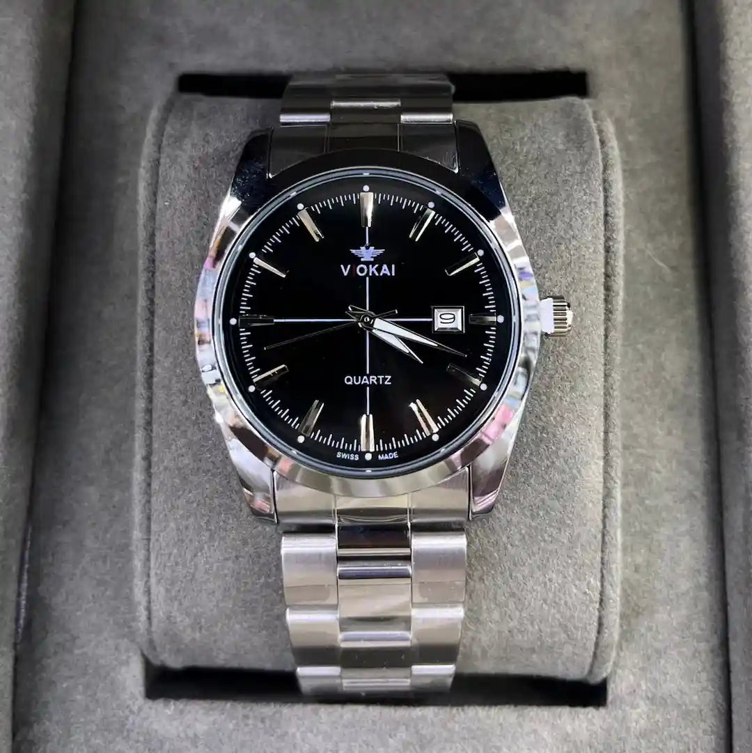 VIOKAI Classic Stainless Steel Men’s Quartz Watch – Black Dial
