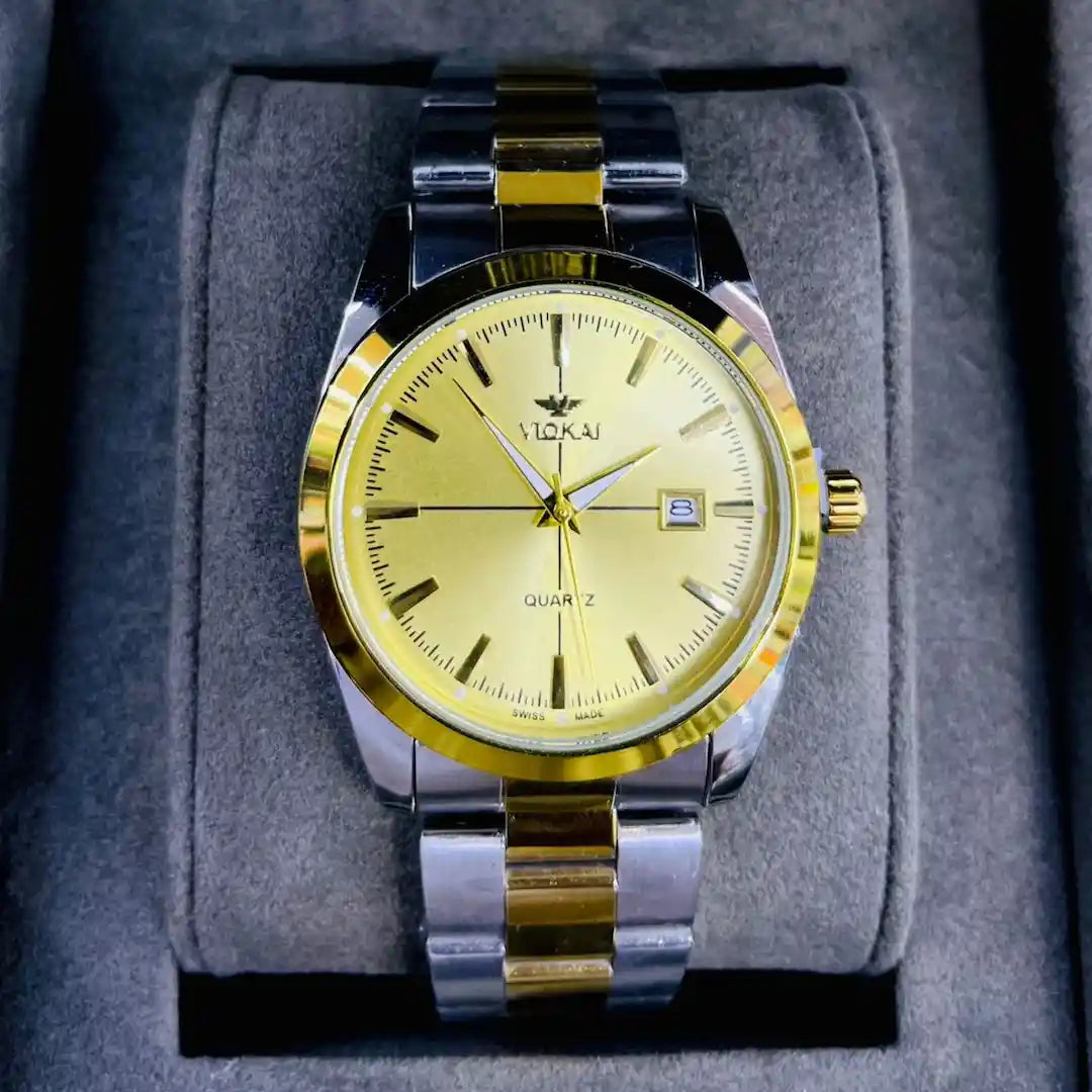 VIOKAI Two-Tone Gold & Silver Men’s Quartz Watch – Gold Dial