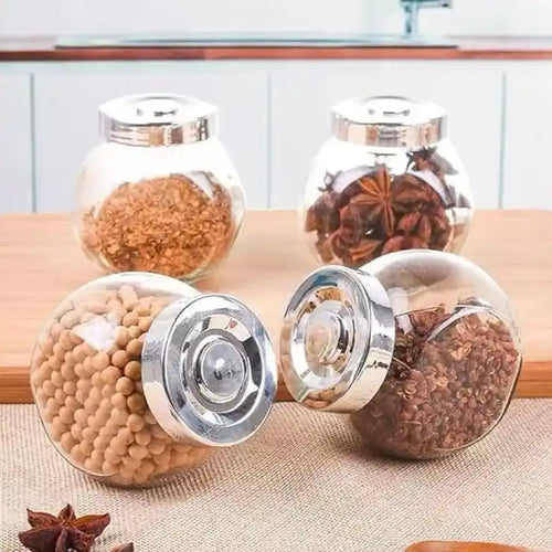 4-Piece Glass Jar Set (200ml) – Airtight Food & Spice Storage with Silver Lids