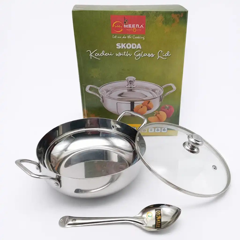 MEERA SKODA Stainless Steel Kadai with Glass Lid & Free Ladle – 22cm/24cm/26cm