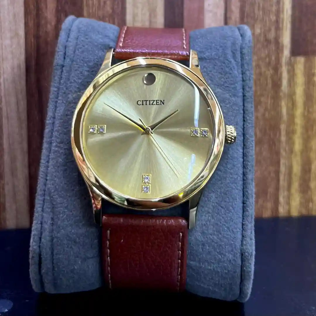 Classic Leather Men’s Watch – Gold-Tone Case, Minimal & Crystal Dial