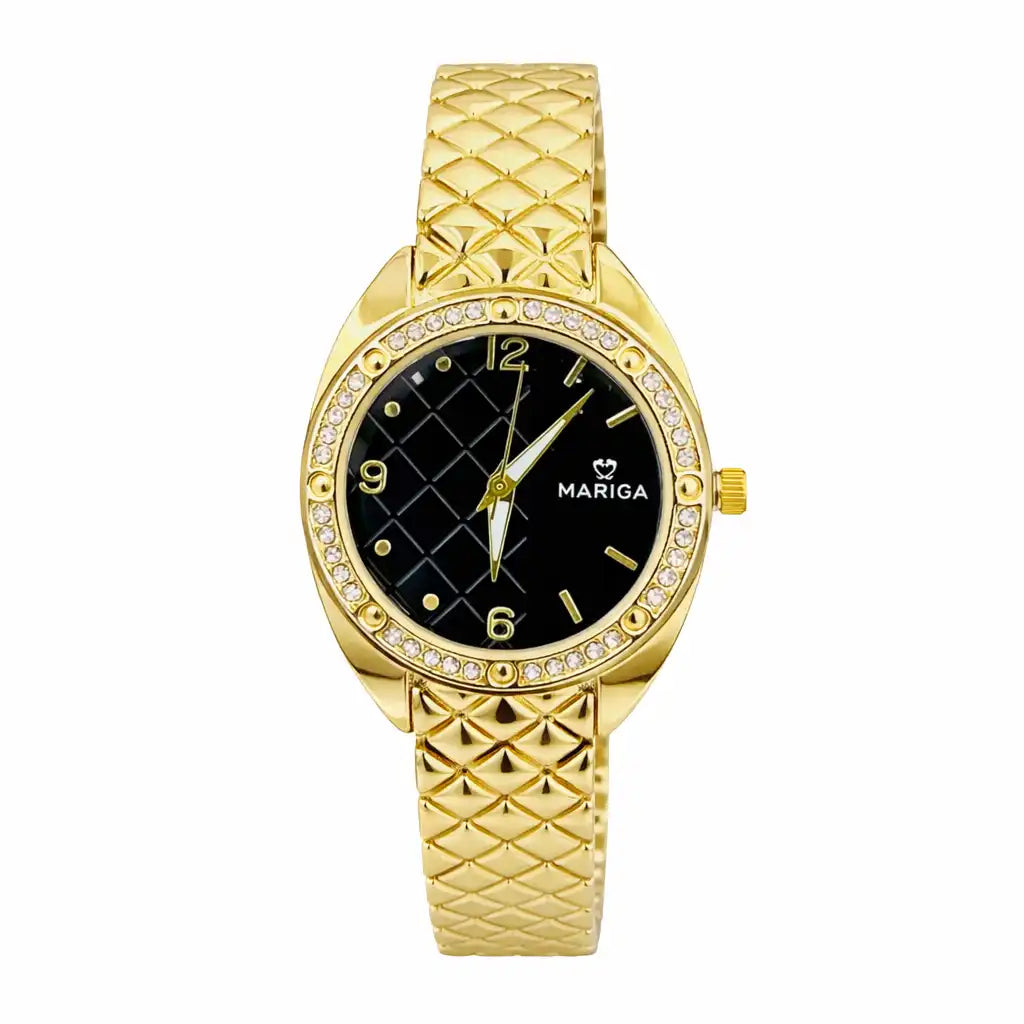 Mariga Gold Crystal Bezel Women’s Watch – Black & Gold Dial