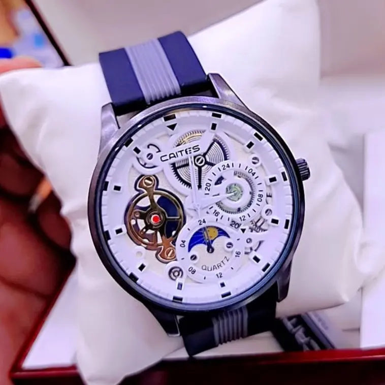 CAITES Men’s Sport Watch – Mechanical-Style Multi-Dial, Silicone Strap | Brown, Blue, White