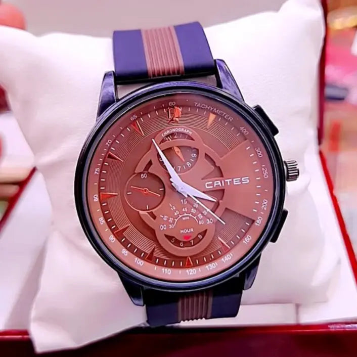 CAITES Men’s Sport Watch – Mechanical-Style Multi-Dial, Silicone Strap | Brown, Blue, White