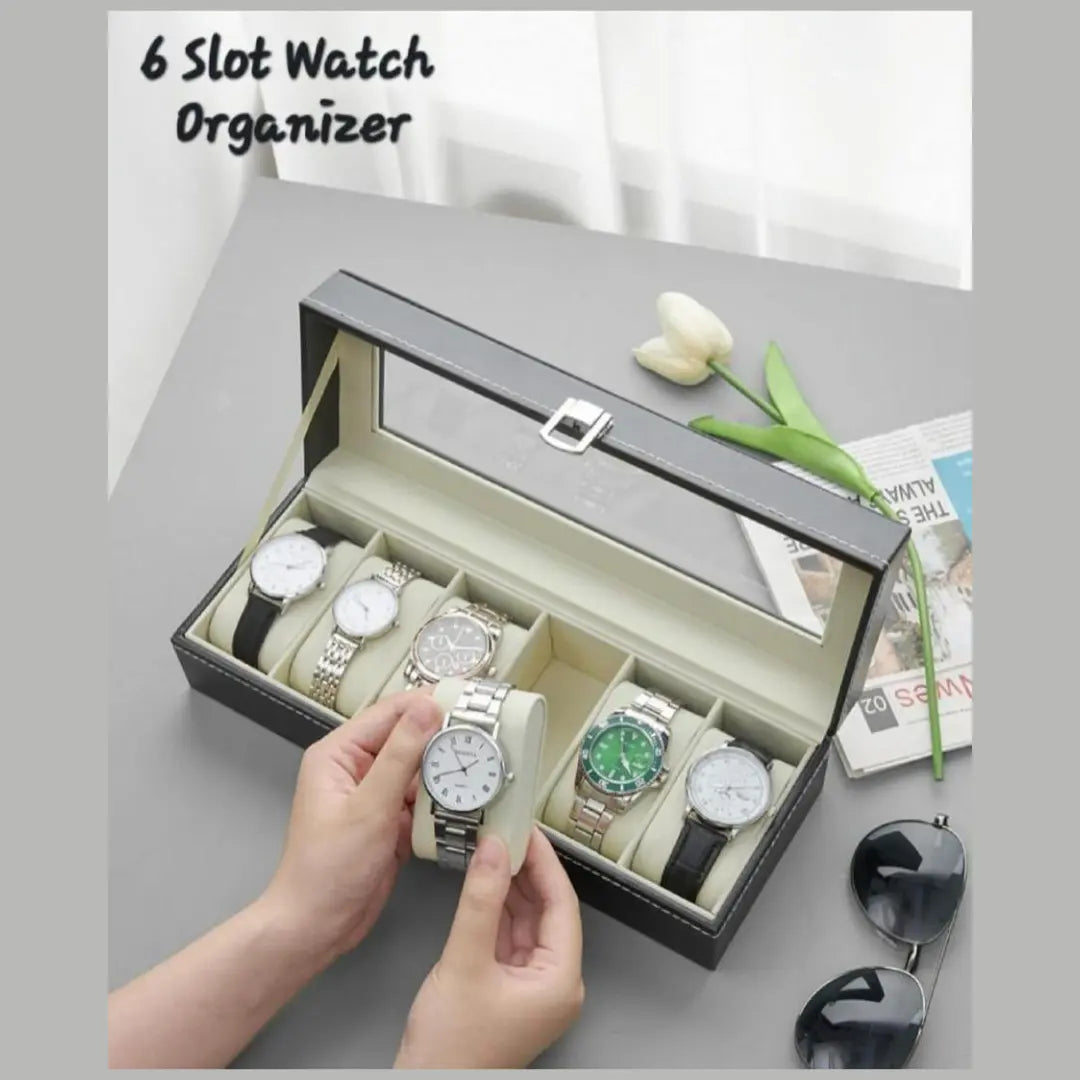 6-Slot Watch Organizer Box – PU Leather Watch Storage Case with Glass Lid