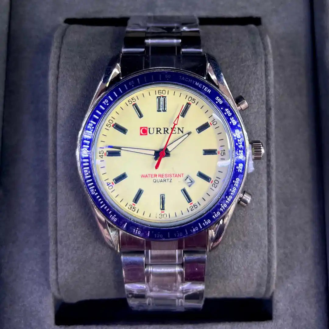Curren Men’s Stainless Steel Quartz Watch – Sporty Tachymeter Bezel & Date Display
