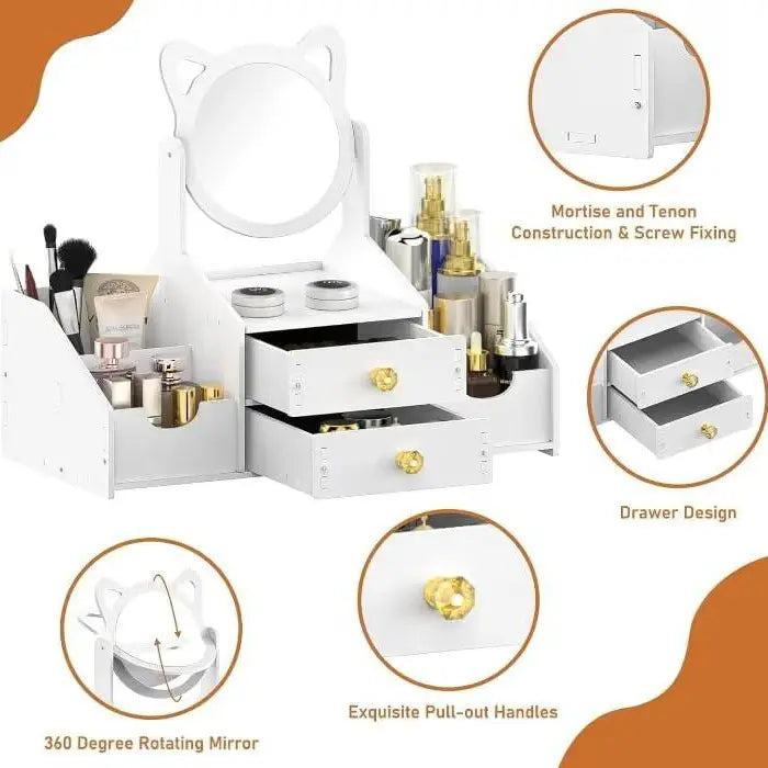 Cat-Ear Vanity Makeup Organizer with Rotating Mirror & Drawers
