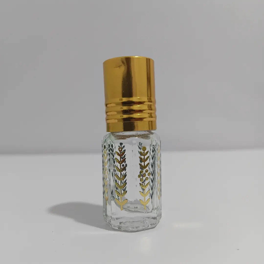 Empty Attar Bottle – Transparent Glass with Gold Leaf Design (3ml & 12ml)