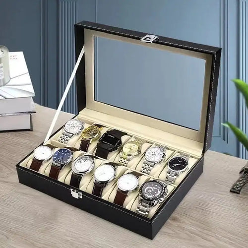 12-Slot PU Leather Watch Box – Display Case with Glass Lid & Lock