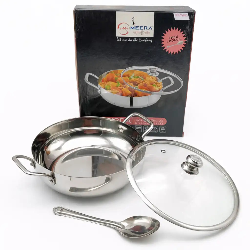 MEERA SKODA Stainless Steel Kadai with Glass Lid & Free Ladle – 22cm/24cm/26cm
