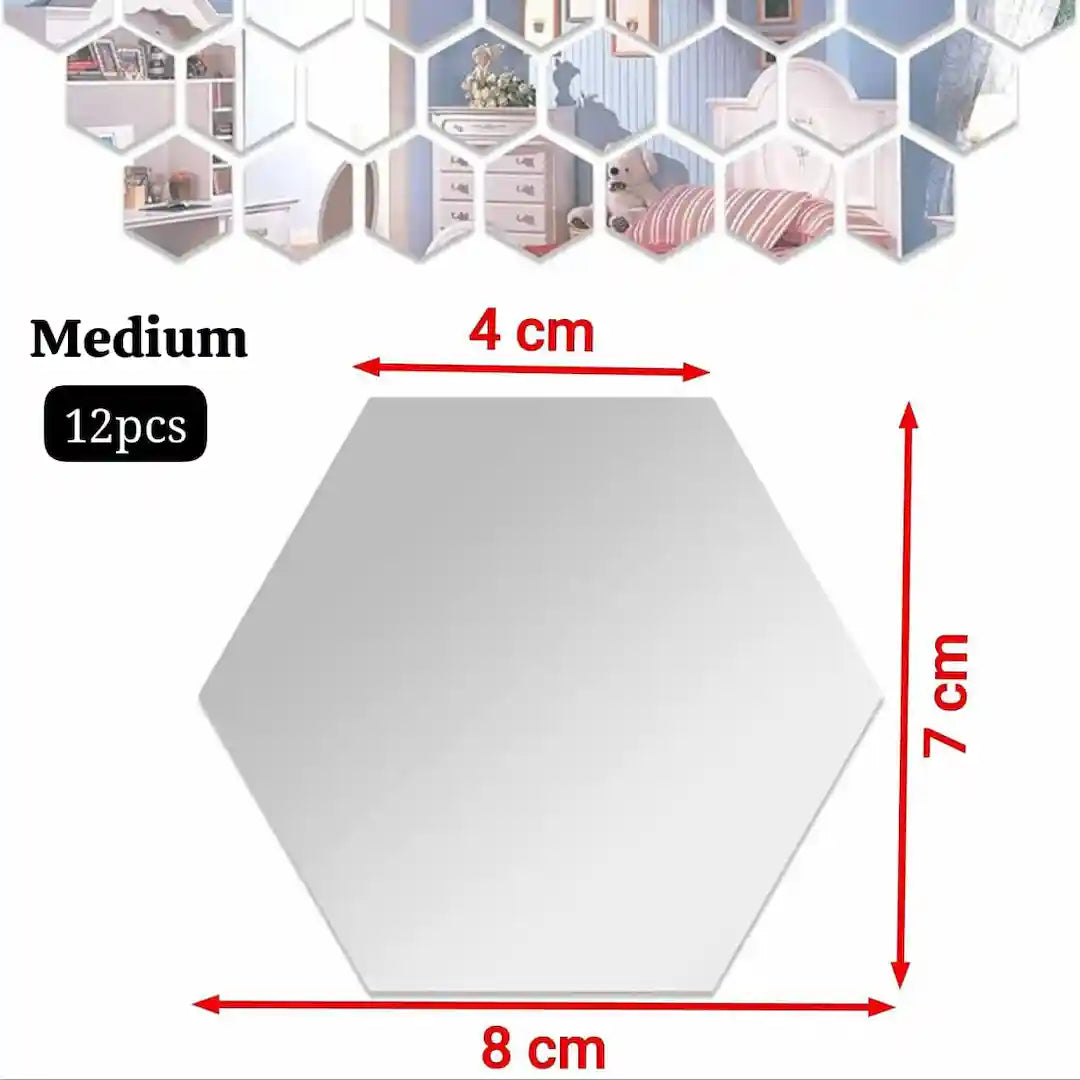 Hexagon Acrylic Mirror Wall Stickers – 12pcs | 5 Sizes | Home Wall Decoration