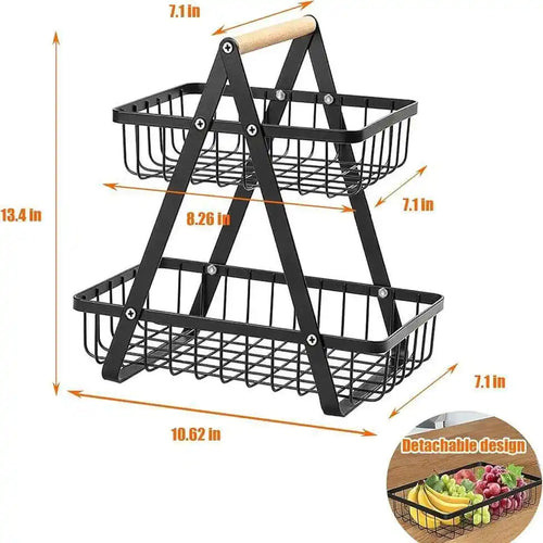 2-Tier Fruit & Vegetable Basket Stand – Detachable Kitchen Storage Organizer with Wooden Handle