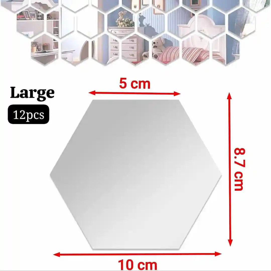 Hexagon Acrylic Mirror Wall Stickers – 12pcs | 5 Sizes | Home Wall Decoration