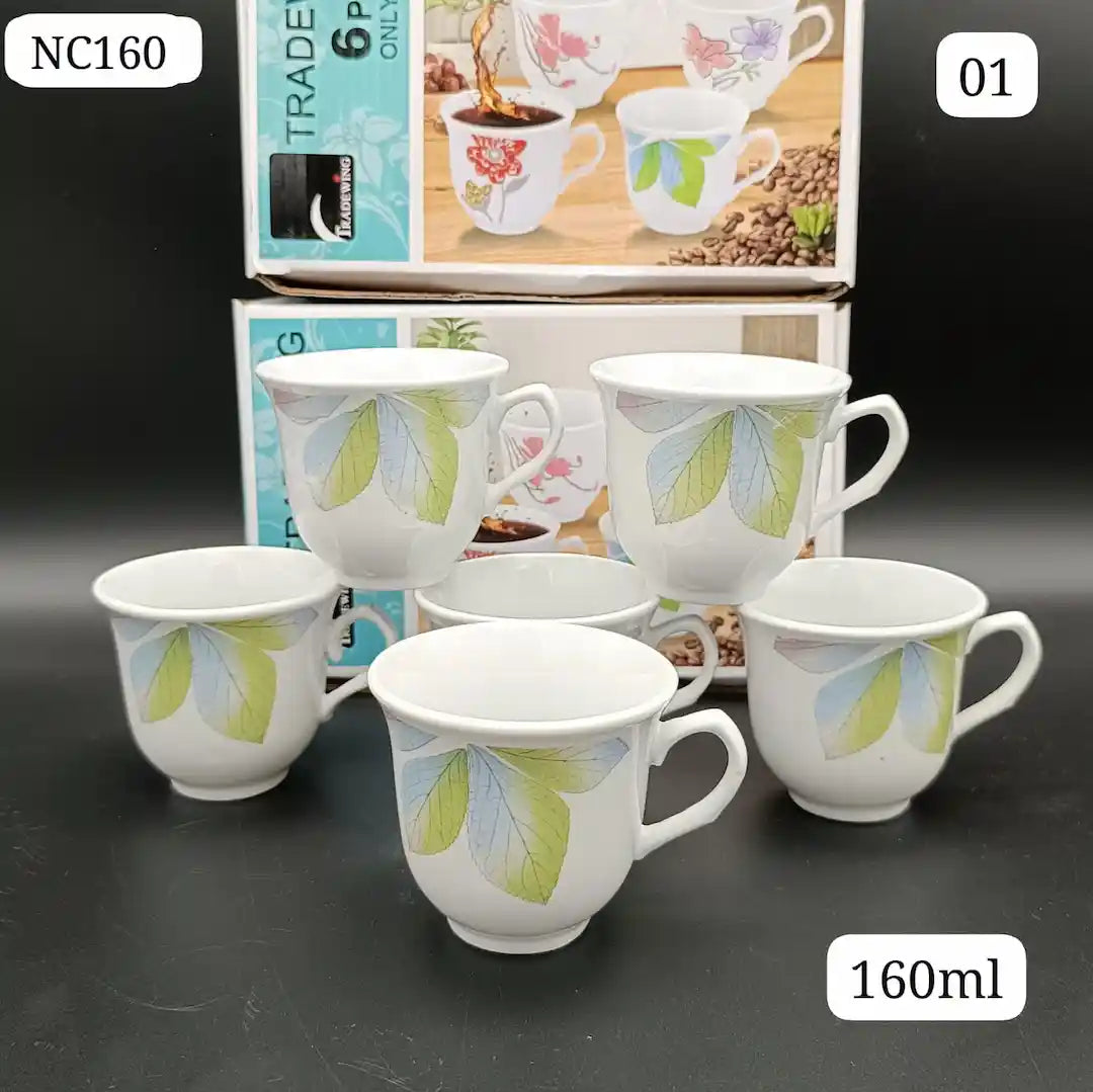 Ceramic Tea Cup Set 160ml – 6 Piece | Four Designs | Daily Tea & Coffee Cups