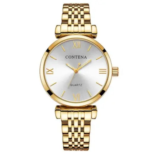CONTENA Gold Quartz Wristwatch – Roman Numerals, Stainless Steel Band, Elegant Design