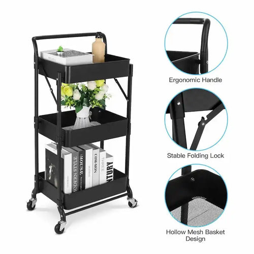 3-Tier Folding Rolling Storage Cart with Wheels – Multipurpose Organizer Trolley