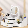 Cat-Ear Vanity Makeup Organizer with Rotating Mirror & Drawers