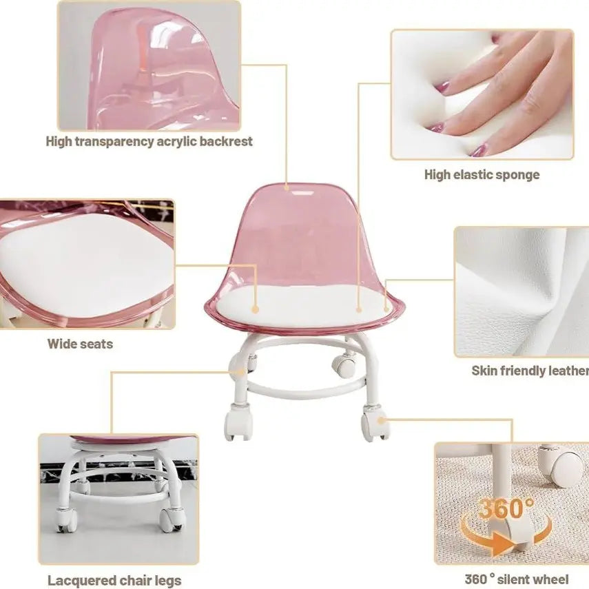 Kids Chair with Wheels – Cute Transparent Backrest, 360° Swivel Design