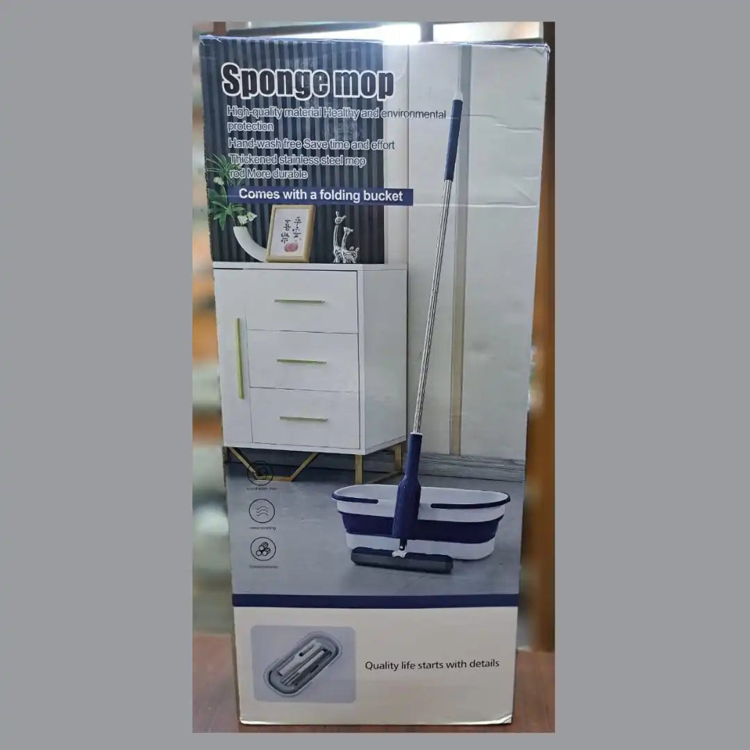 Hands-Free Sponge Mop with Folding Bucket – 360° Rotating Floor Cleaner