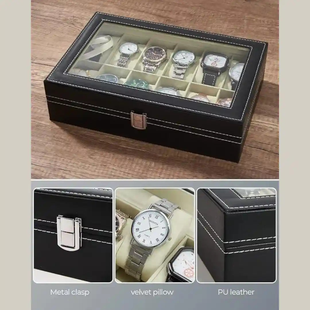 12-Slot PU Leather Watch Box – Display Case with Glass Lid & Lock