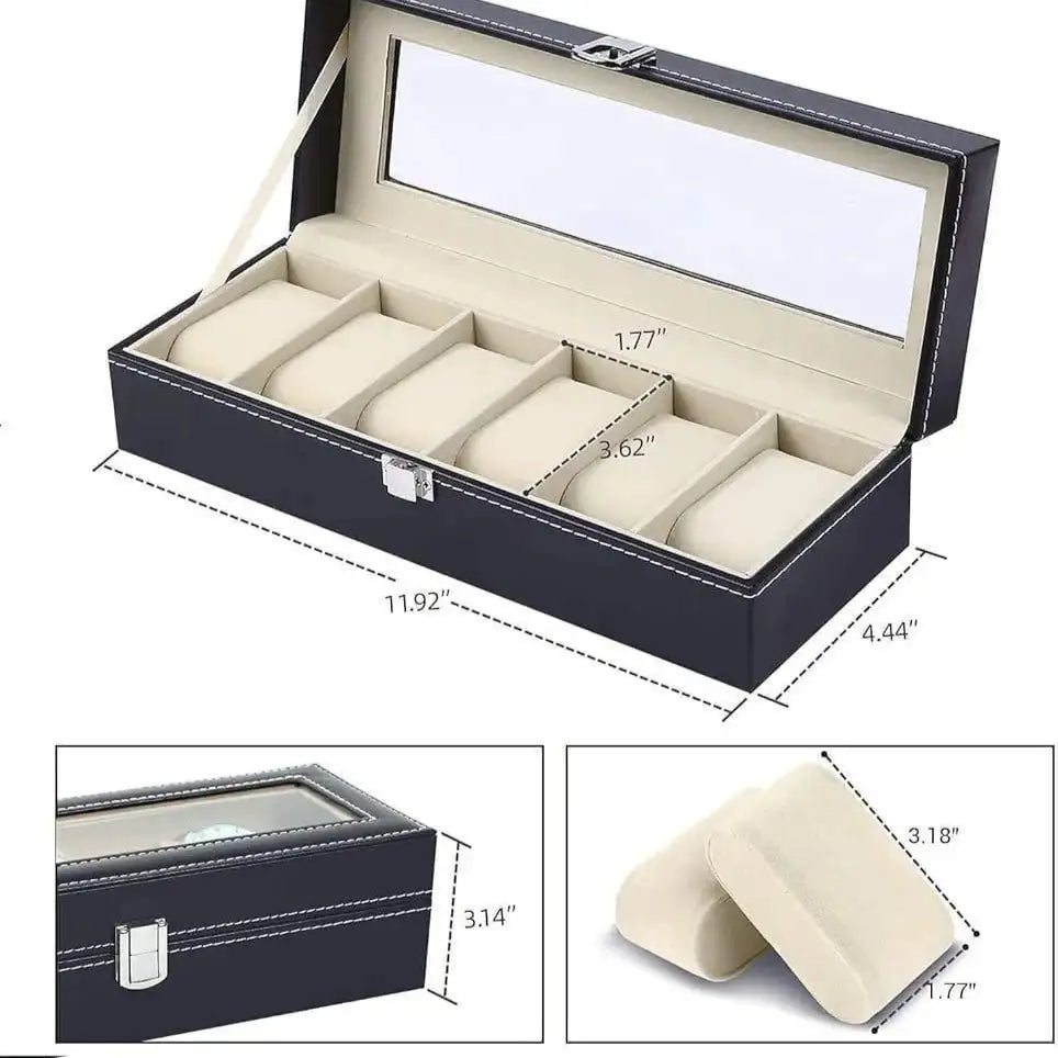 12-Slot PU Leather Watch Box – Display Case with Glass Lid & Lock