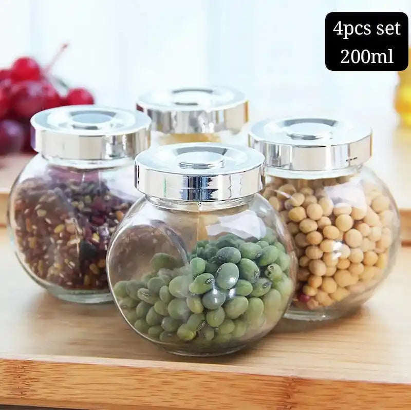 4-Piece Glass Jar Set (200ml) – Airtight Food & Spice Storage with Silver Lids