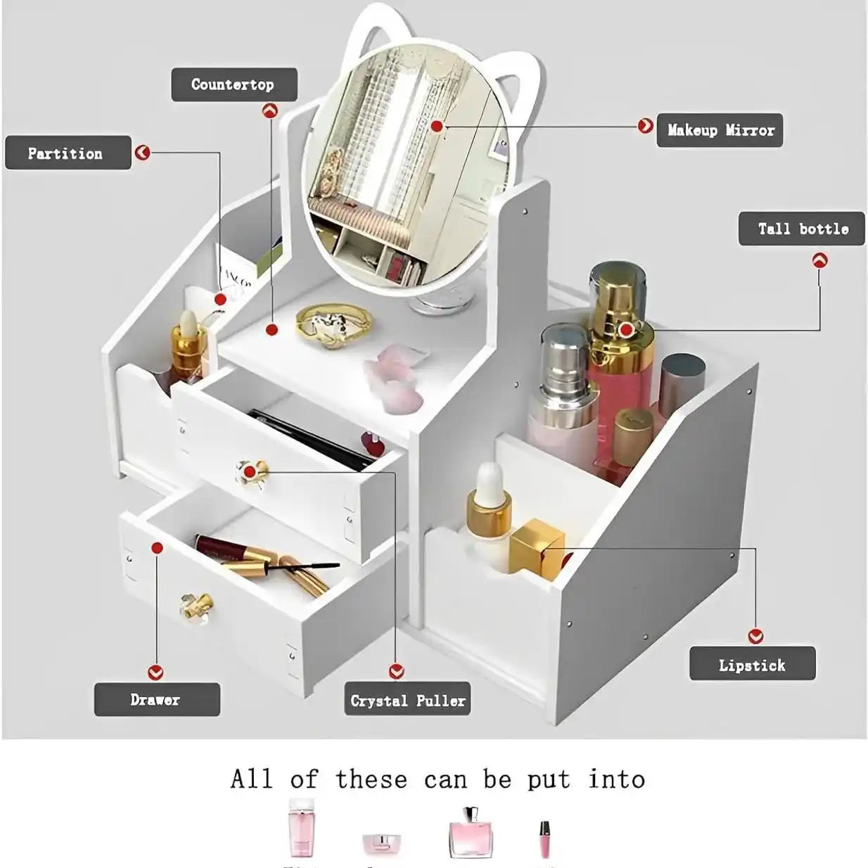 Cat-Ear Vanity Makeup Organizer with Rotating Mirror & Drawers