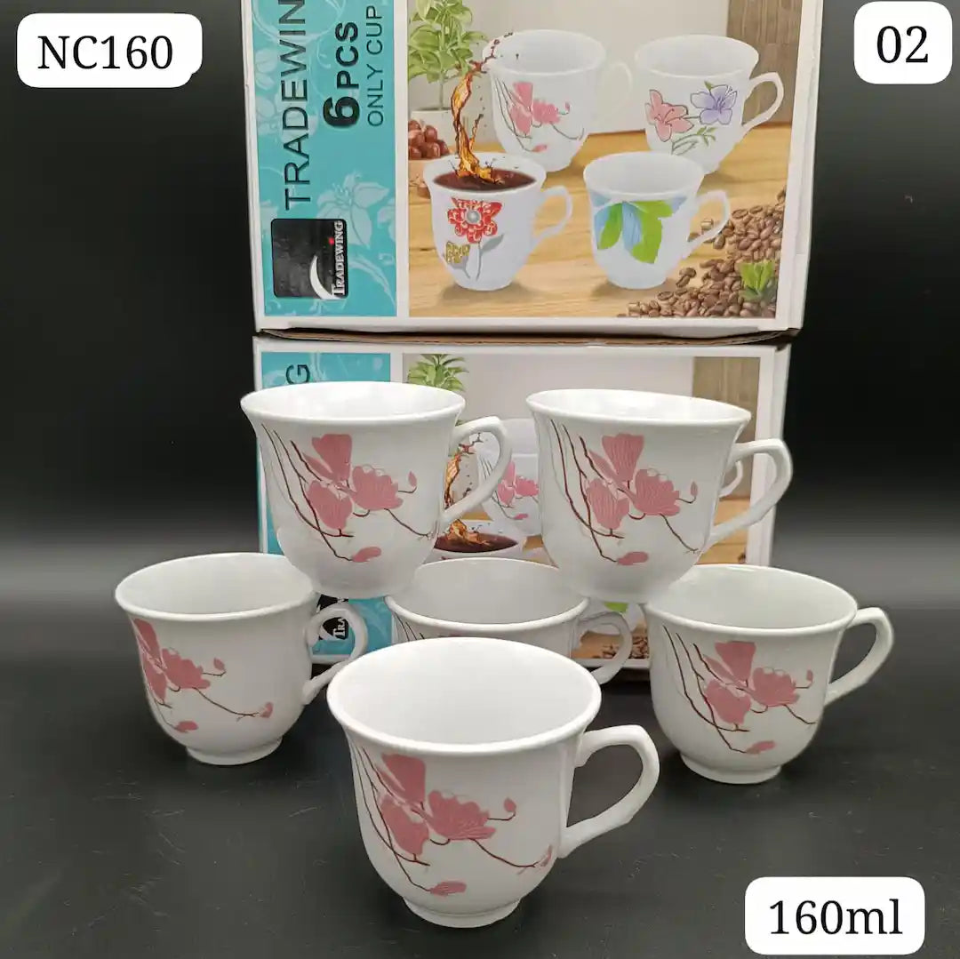 Ceramic Tea Cup Set 160ml – 6 Piece | Four Designs | Daily Tea & Coffee Cups