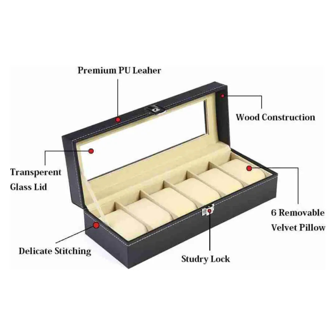 6-Slot Watch Organizer Box – PU Leather Watch Storage Case with Glass Lid