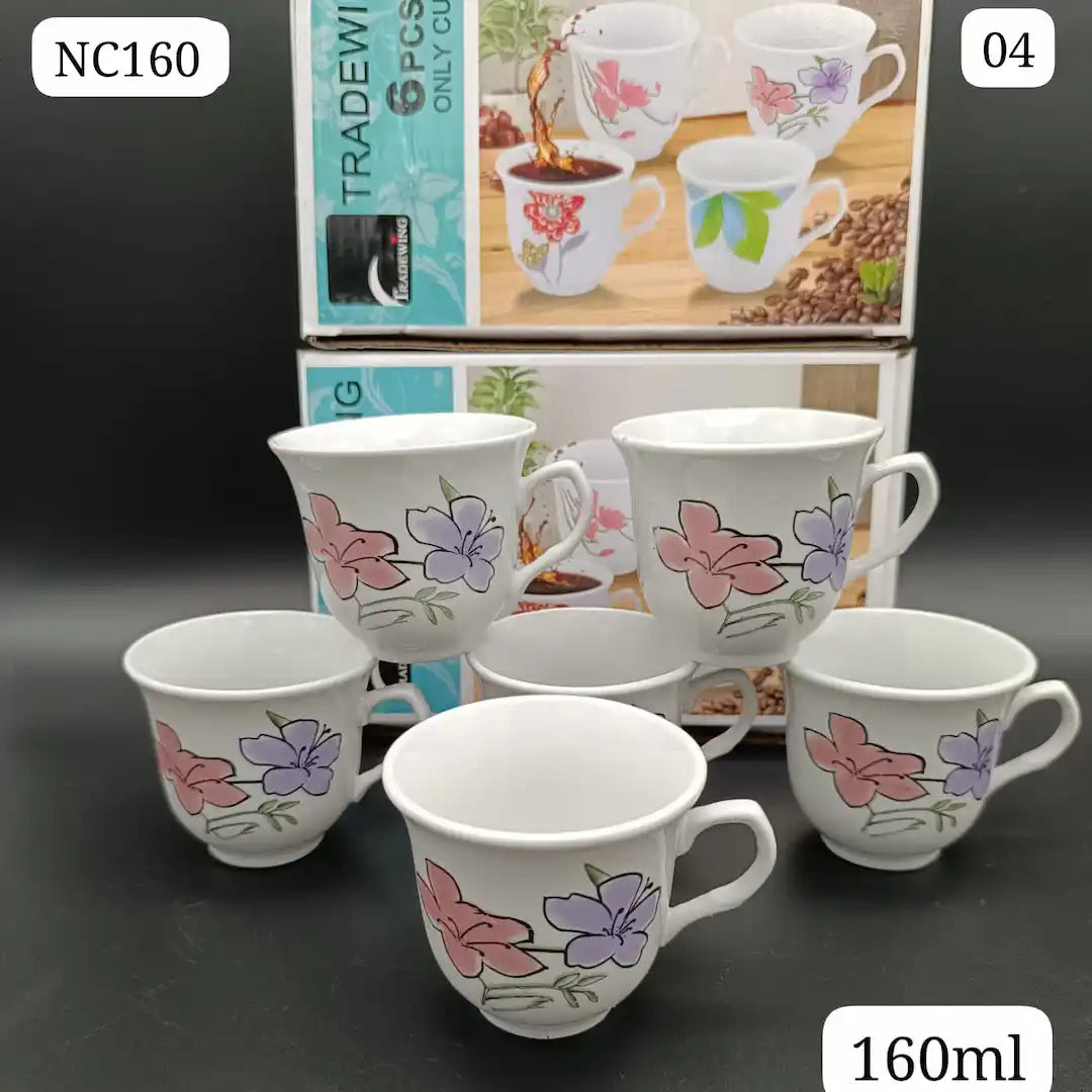 Ceramic Tea Cup Set 160ml – 6 Piece | Four Designs | Daily Tea & Coffee Cups
