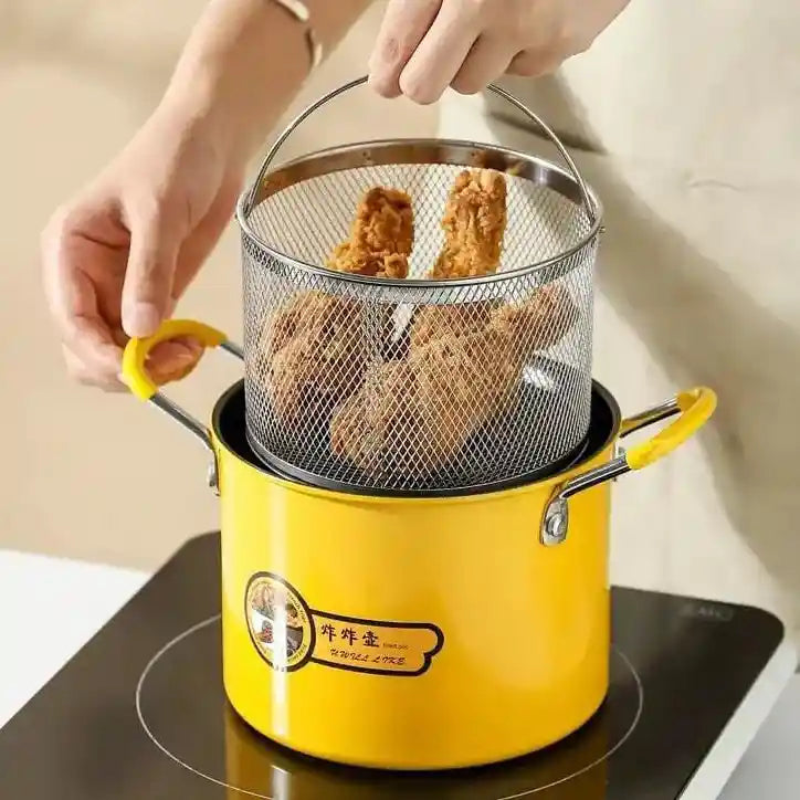 2L Deep Fryer Pot with Strainer Basket & Glass Lid – Non-Stick Yellow Frying Pot for Home Cooking